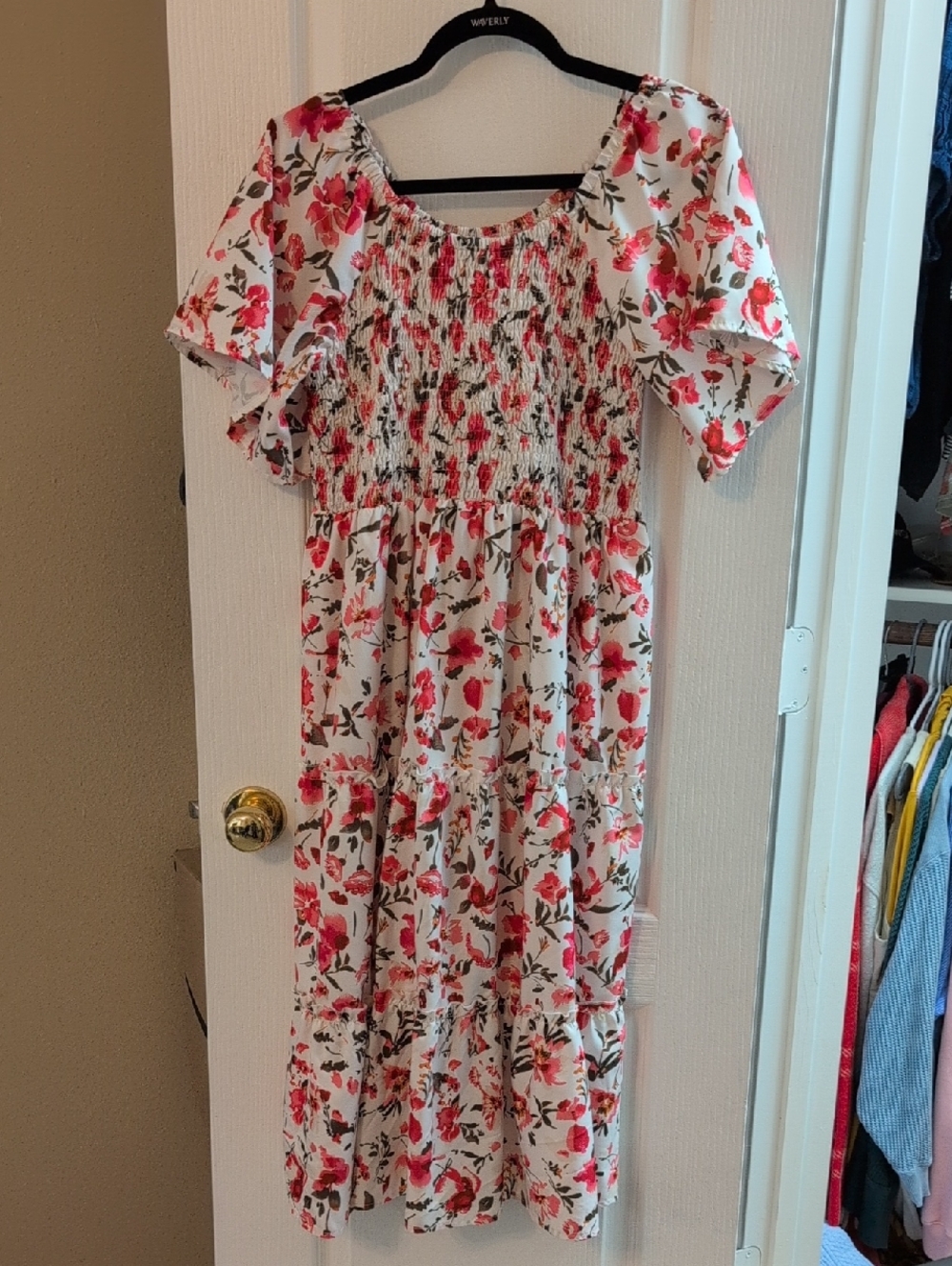 NWOT - Floral Smocked Midi Dress - White with Pink Rose Print